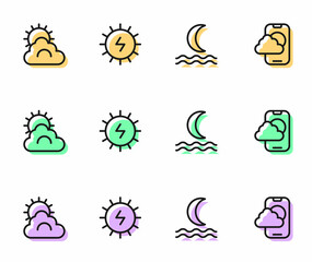 Set line Night fog or smoke, Sun and cloud weather, Solar energy panel and Weather forecast app icon. Vector