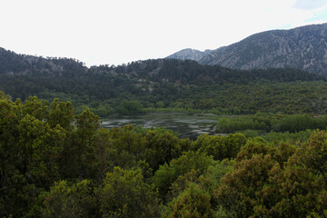Fototapeta na wymiar View of Kovada Lake and green woodland in the background