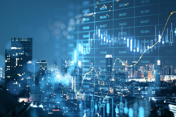 Abstract glowing big data forex candlestick chart on blurry city backdrop. Trade, technology,...
