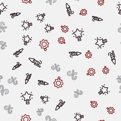 Set line Firework rocket, Christmas star, Candy cane with stripes and toy on seamless pattern. Vector