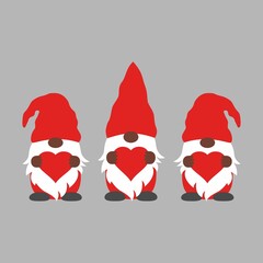 Valentine gnomes holding hearts. Cute three dwarf with beards and hats. Vector illustration with characters for valentine s day. Scandinavian gnomes in cartoon style. African American Black Gnome