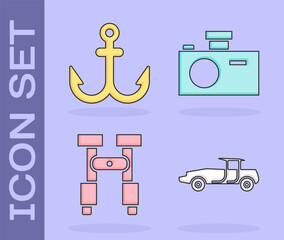 Set Car, Anchor, Binoculars and Photo camera icon. Vector