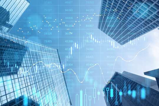 Abstract glowing big data forex candlestick chart on blurry city wallpaper. Trade, technology, investment and analysis concept. Double exposure.