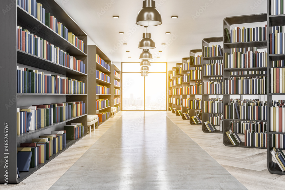 Aufkleber education and knowledge concept with front view on sunny modern library interior with lots of book s