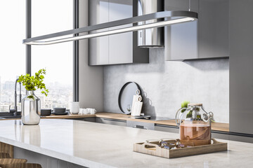 Close up of modern marble kitchen island with glass kettle, various objects, window with city view and daylight. 3D Rendering.