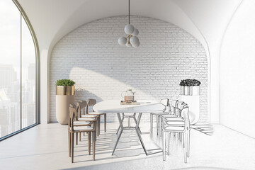 Sketch of modern cozy brick and concrete living room interior with window with city view, chairs and table. Design concept. 3D Rendering.
