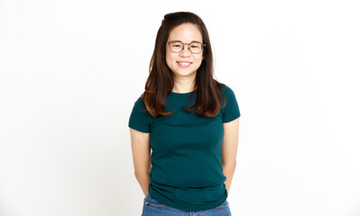 Portrait studio isolated cutout shot of Asian young happy female housewife model in casual t-shirt and denim jeans shorts with optical eyeglasses standing smiling look at camera on white background