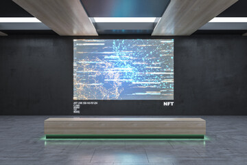 Contemporary exhibition center with glowing polygonal NFT hologram. Technology, business and currency concept. 3D Rendering.