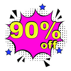 Pop art comic sale discount promotion banner. 90 percent off. Comic text 90 percent sale set discount. Promo sale poster. Sales concept