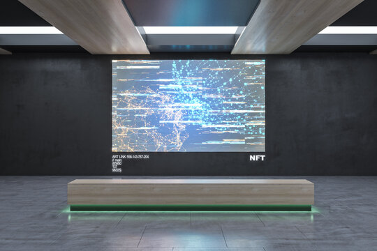 Contemporary exhibition center with glowing polygonal NFT hologram. Technology, business and currency concept. 3D Rendering.