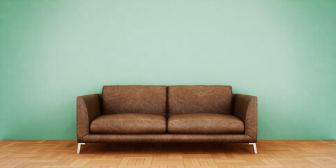 Canapé cuir et mur vert, vue 3d