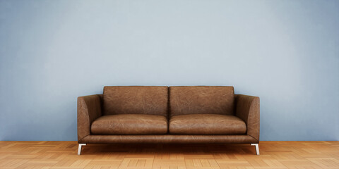 Canapé cuir et mur bleu, vue 3d