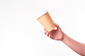 coffee cup of reusable materials in the hand on white background. zero waste concept. replacement for plastic cups