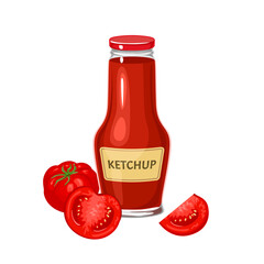 Ketchup in glass bottle and ripe tomato vegetables isolated on white background. Vector illustration of red sauce in cartoon flat style.