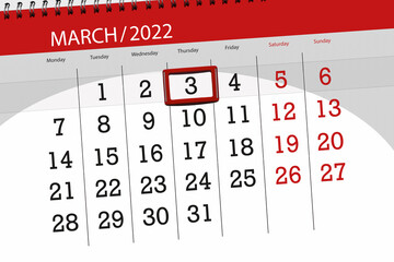 Calendar planner for the month march 2022, deadline day, 3, thursday