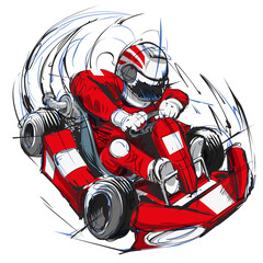 Go-kart driver with red uniform going really fast. Red go-kart at max speed. Driving and racing sport illustration concept. - obrazy, fototapety, plakaty