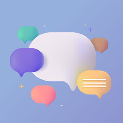 Text cloud template for website. Comments, likes and reviews for the browser. Realistic 3d banner. Pastel gentle colors on a blue background. Creative concept design in cartoon style.