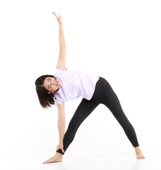 Portrait studio isolated cutout full body shot of Asian professional female yoga model in sport wears standing smiling look at camera exercise stretching body put hands together on white background