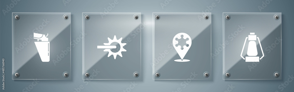 Wall mural set camping lantern, hexagram sheriff, spur and revolver gun holster. square glass panels. vector