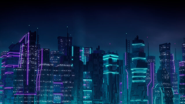 Futuristic Metropolis with Purple and Cyan Neon lights. Night scene with Futuristic Architecture.