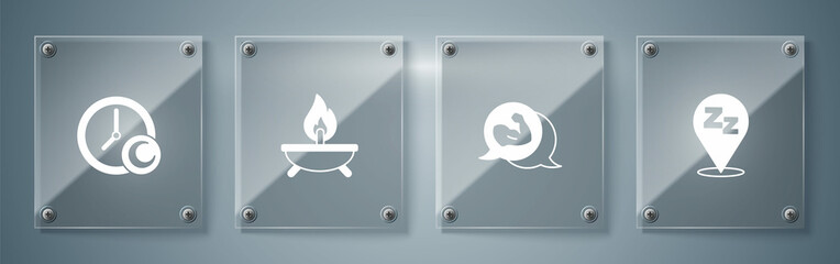 Set Sleepy, Bodybuilder muscle, Aroma candle and Time to sleep. Square glass panels. Vector