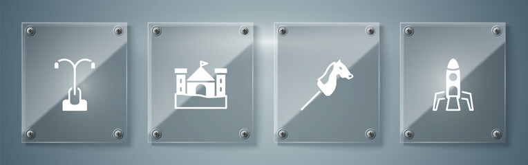 Set Rocket ship, Toy horse, Sand castle and Street light. Square glass panels. Vector