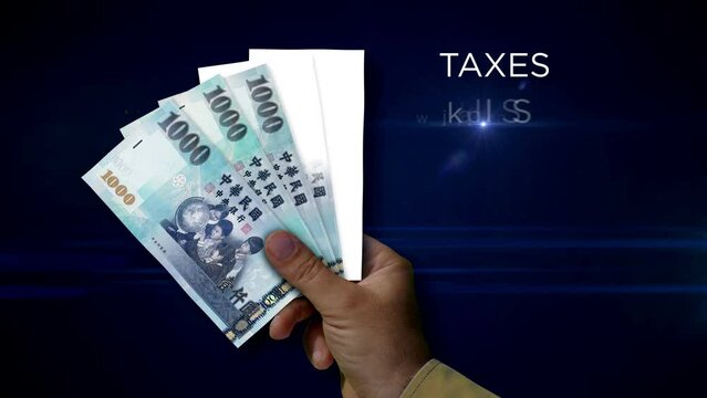 Taiwan Dollar paper note holding. Fan of TWD banknotes in hand. Metaphor concept of income loss, cost of live, tax, credits and money decline.