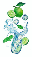 mojito cocktail with lime and ice.  Watercolor illustration on a white background.