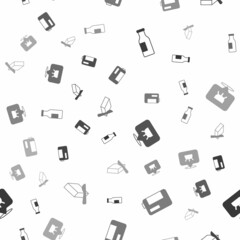 Set Bottle with milk, Milk in plastic bottle, Udder and Butter butter dish on seamless pattern. Vector