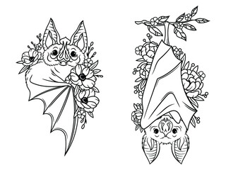 Set of floral bats. Collection of funny hanging bats with flower.  Happy Halloween. Drawing of night creatures. Vector illustration of flying vampire bat on white background. Tattoo.