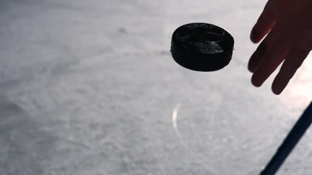 A man's hand throws black hockey puck on ice of the arena to start the competition. Hockey sticks hitting the puck. Sports hockey tournament on dark skating rink with backlight. Slow motion. Close up.