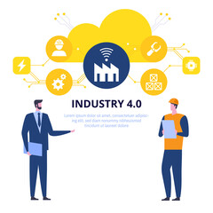 Vector banner of Smart Industry 4.0 concept. Engineers work remotely in automated production with wireless control and robot technologies. Poster design with character illustration on white background