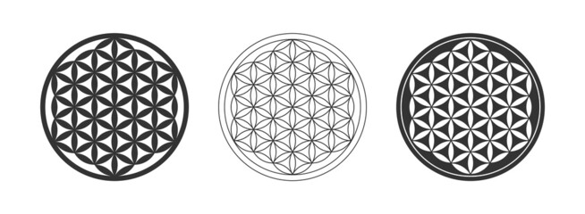 Fototapeta na wymiar Flower of life symbol set. Sacred geometry shape. Overlapping circles grid. Symbol of creation and unity. Figure representing the cycle of life. Seed of life sign. Group of three objects. Vector.