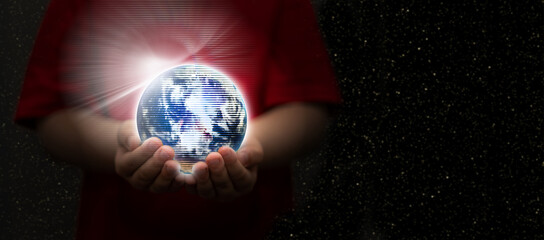 kid hold global metaverse world hologram in hand for  cyber online internet connect and family security for child concept