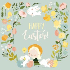 Cute Cartoon Girl with Floral Wreath, Easter Rabbits and Eggs