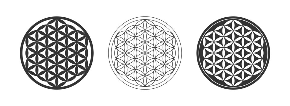 Flower of life symbol set. Sacred geometry shape. Overlapping circles grid. Symbol of creation and unity. Figure representing the cycle of life. Seed of life sign. Group of three objects. Vector.