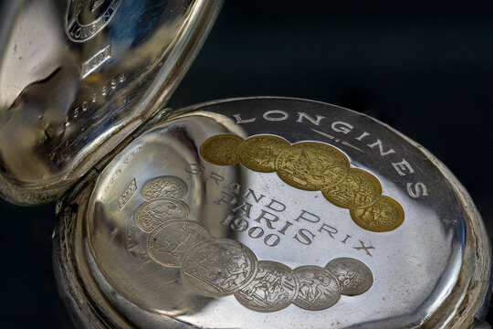 Longines classic mechanical watch engraving. Macro