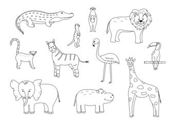 A set of drawings of cute cartoon African animals, vector illustration of a black and white outline of animals for coloring or logo.