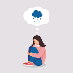 Sad tired girl suffers of depressive disorder, stress, tears. Vector illustration of mental problems