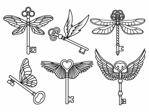 Set of vintage keys with wings. Collection of flying antique keys  for locking and unlocking doors. Valentine’s day decorations. Vector illustration of padlock.
