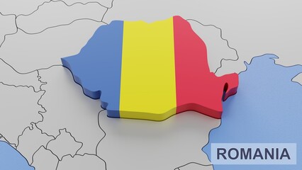 Romania map 3D illustration. 3D rendering image and part of a series. 
