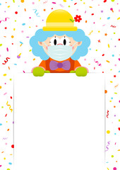 Clown Maske Blaue Haare Hält Schild Luftschlangen Und Konfetti