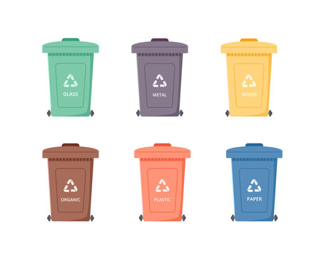 Containers or recycle bins for paper, plastic, glass,metal,organic and mixed trash.Dumpsters of different colors isolated on white. Separate garbage set.Vector illustration.