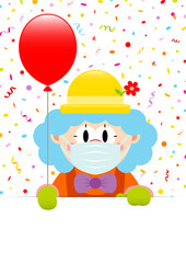 Clown Maske Blaue Haare Hält Roten Luftballon Banner Luftschlangen Und Konfetti