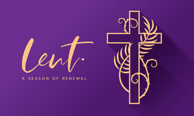 lent a season of renewal text and gold cross crucifix sign with spiny vine and plam leaves around on purple background vector design - 485770738
