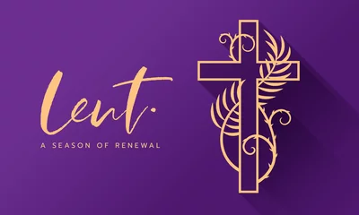 Fotobehang lent a season of renewal text and gold cross crucifix sign with spiny vine and plam leaves around on purple background vector design © ananaline