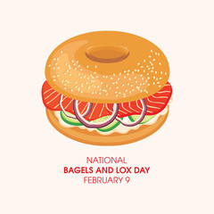 National Bagel and Lox Day vector. Sesame bagel with salmon, cucumber and onion icon vector. Bagel and Lox Day Poster, February 9. Important day