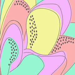 Drawn colorful abstract shapes. Doodle floral objects, petals lines, dots. Modern trendy spring pattern background. Print, banner, magazine, poster, vector illustration Pink yellow cyan pastel colors