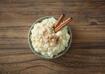 bowl of rice milk pudding with cinnamon