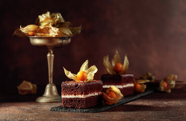 Chocolate cake with physalis.